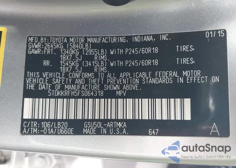 2015 Toyota Highlander Xle V6 z USA, uszkodzony, nr VIN 5TDKKRFH5FS064318